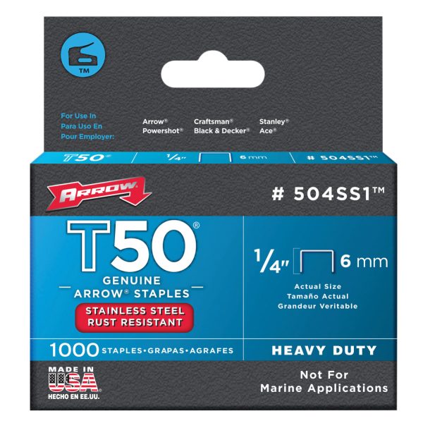 ARROW T50 Staples Stainless Steel 504SS 6mm (1/4in) (Box 1000)