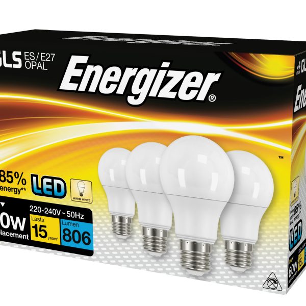 ENERGIZER® LED ES (E27) Opal GLS Non-Dimmable Bulb, Warm White 806 lm 8.2W (Pack 4)