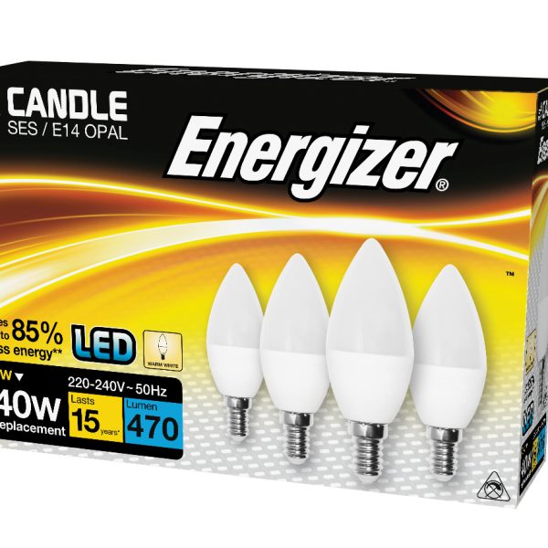ENERGIZER® LED SES (E14) Opal Candle Non-Dimmable Bulb, Warm White 470 lm 5.2W (Pack 4)