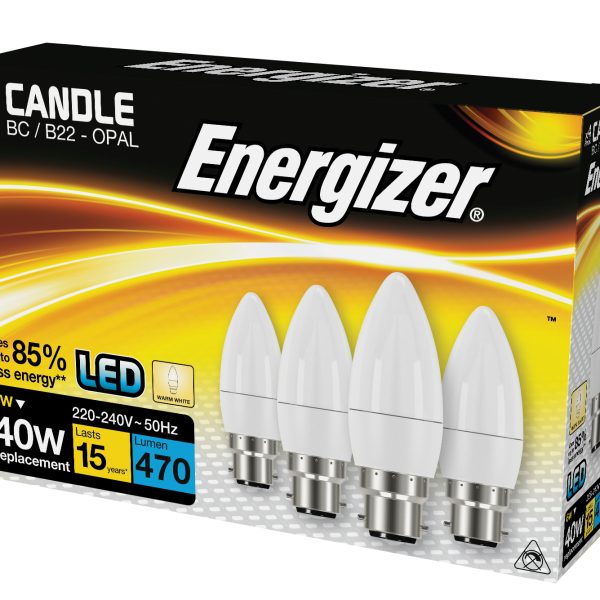 ENERGIZER® LED BC (B22) Opal Candle Non-Dimmable Bulb, Warm White 470 lm 5.2W (Pack 4)