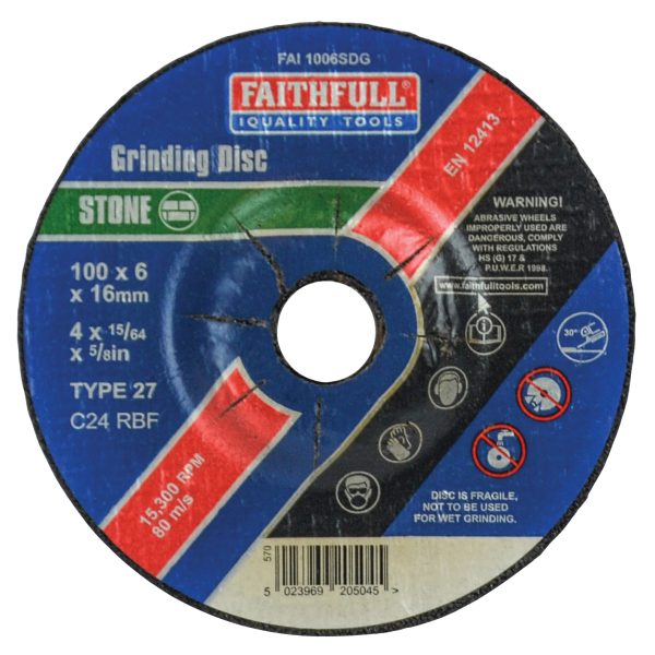 FAITHFULL Depressed Centre Stone Grinding Disc 100 x 6 x 16mm