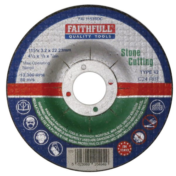 FAITHFULL Depressed Centre Stone Cutting Disc 115 x 3.2 x 22.23mm