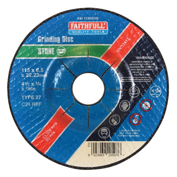 FAITHFULL Depressed Centre Stone Grinding Disc 115 x 6 x 22.23mm