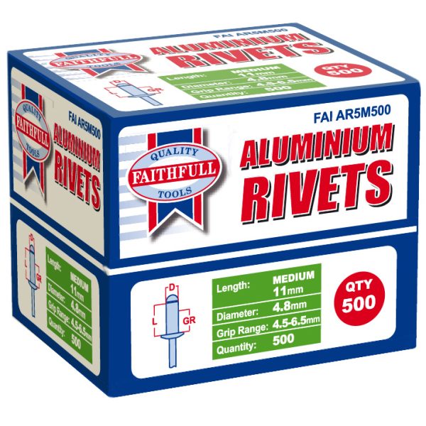 FAITHFULL Aluminium Rivets 4.8 x 11mm Medium Bulk Pack of 500