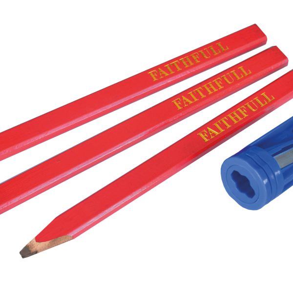 FAITHFULL Carpenters' Pencils Red (Pack 3 + Sharpener)