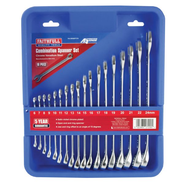 FAITHFULL Chrome Vanadium Combination Spanner Set, 18 Piece