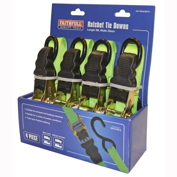 FAITHFULL Ratchet Tie-Downs 5m x 25mm Green 4 Piece