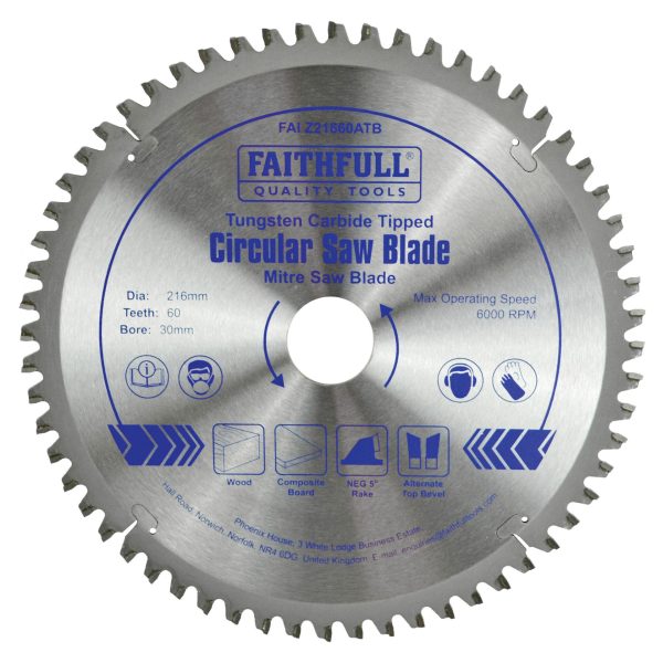 FAITHFULL TCT Cross Cut Mitre Saw Blade 216 x 30mm x 60T NEG