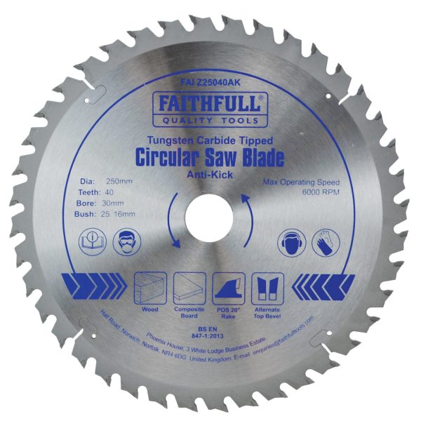 FAITHFULL Circular Saw Blade Anti Kick 250 x 30mm x 40T