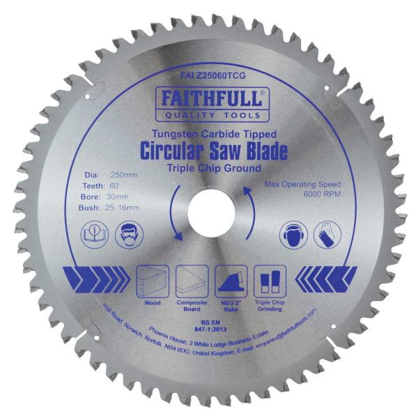 FAITHFULL TCT Circular Saw Blade Triple Chip Ground 250 x 30mm x 60T NEG