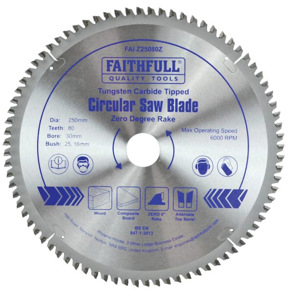 FAITHFULL TCT Circular Saw Blade Zero Degree 250 x 30mm x 80T