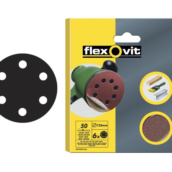FLEXOVIT Hook & Loop Sanding Disc 150mm Coarse 50G (Pack 6)