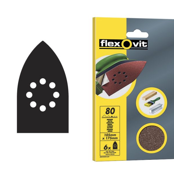 FLEXOVIT Detail Hook & Loop Sanding Sheets 105x175mm Coarse 50G (Pack 6)