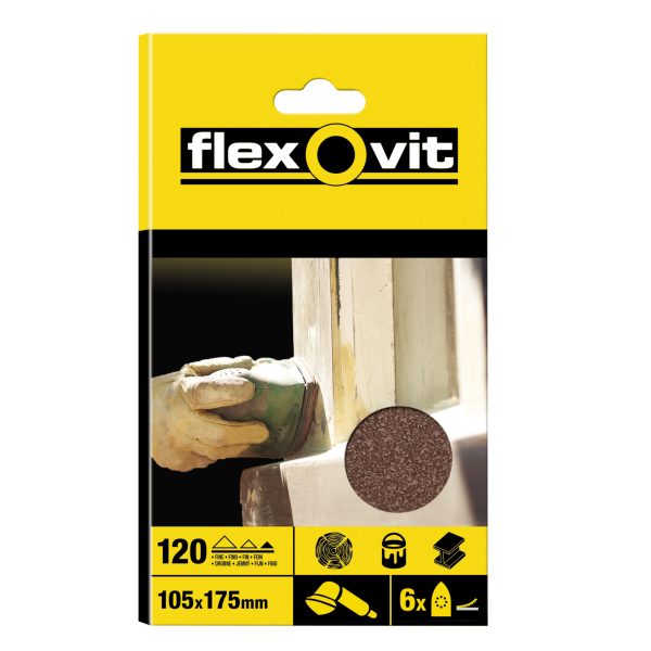 FLEXOVIT Detail Hook & Loop Sanding Sheets 105x175mm Fine 120G (Pack 6)