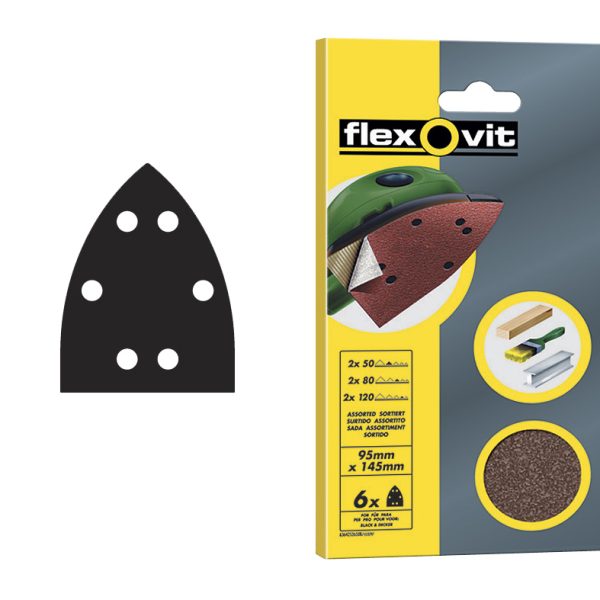 FLEXOVIT Detail Hook & Loop Sanding Sheets 95x145mm Assorted (Pack 6)