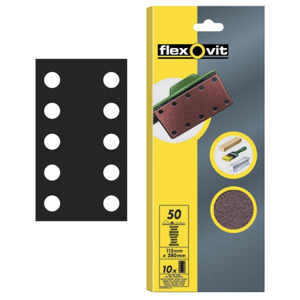 FLEXOVIT 1/2 Sanding Sheets Perforated Coarse 50 Grit (Pack 10)