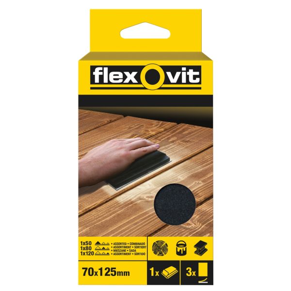 FLEXOVIT Hook & Loop Sanding Block Kit Assorted 70 x 125mm (Pack 3)