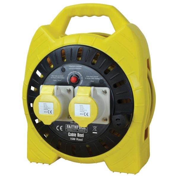 FAITHFULL POWER PLUS  Semi-Enclosed Cable Reel 110V 16A 2-Socket 15m (1.5mm Cable)