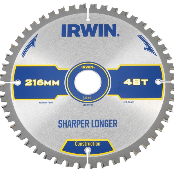 IRWIN® Construction Mitre Circular Saw Blade 216 x 30mm x 48T ATB/Neg