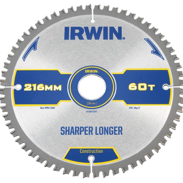 IRWIN® Construction Mitre Circular Saw Blade 216 x 30mm x 60T ATB/Neg