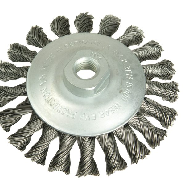 LESSMANN Conical Knot Brush 100mm M14 Bore, 0.50 Steel Wire