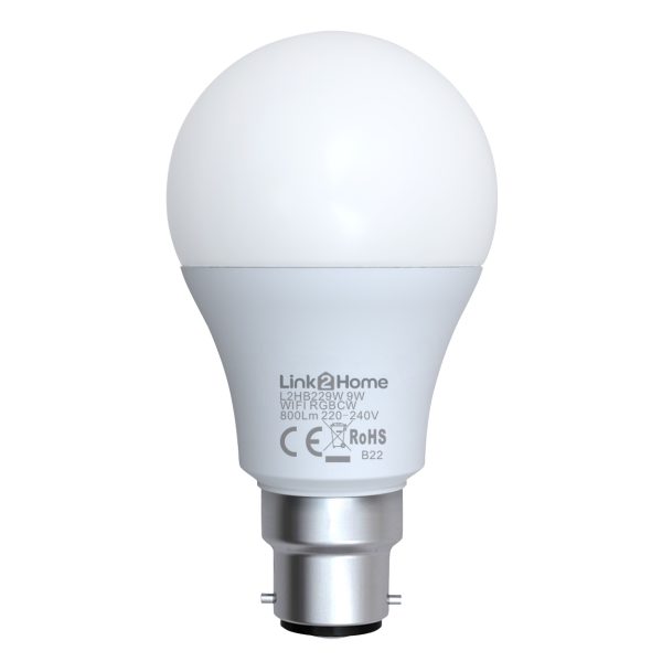 LINK2HOME Wi-Fi LED BC (B22) Opal GLS Dimmable Bulb, White + RGB 800 lm 9W