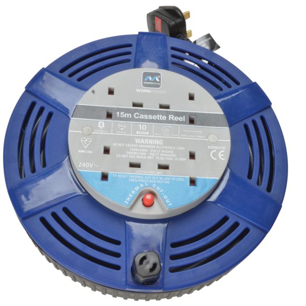 MASTERPLUG Cassette Cable Reel 240V 10A 4-Socket Thermal Cut-Out Blue 15m