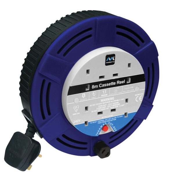 MASTERPLUG Cassette Cable Reel 240V 13A 4-Socket Thermal Cut-Out Blue 8m