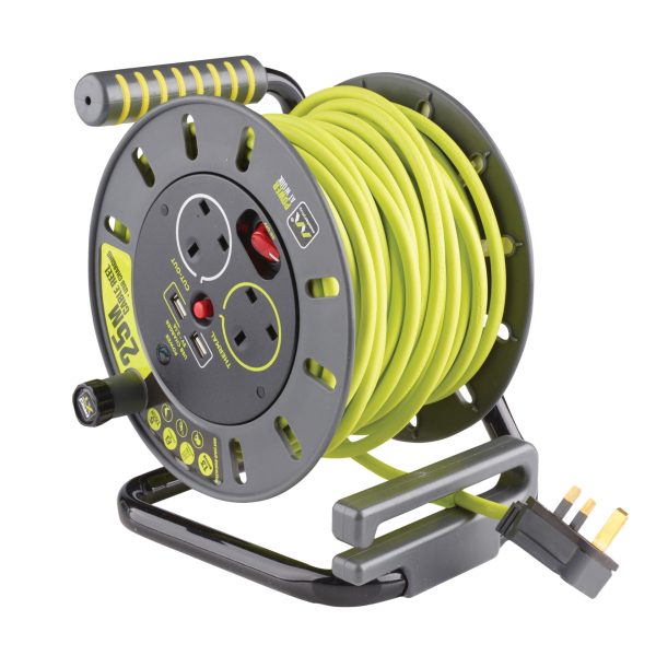 MASTERPLUG PRO-XT Open Cable Reel 240V 13A 2-Socket & 2 USB (2.1A Shared) 25m