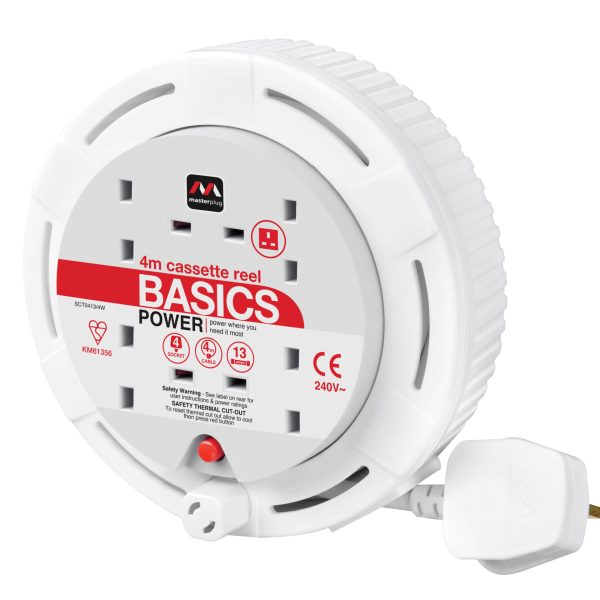 MASTERPLUG Cassette Cable Reel 240V 13A 4-Socket Thermal Cut-Out White 4m