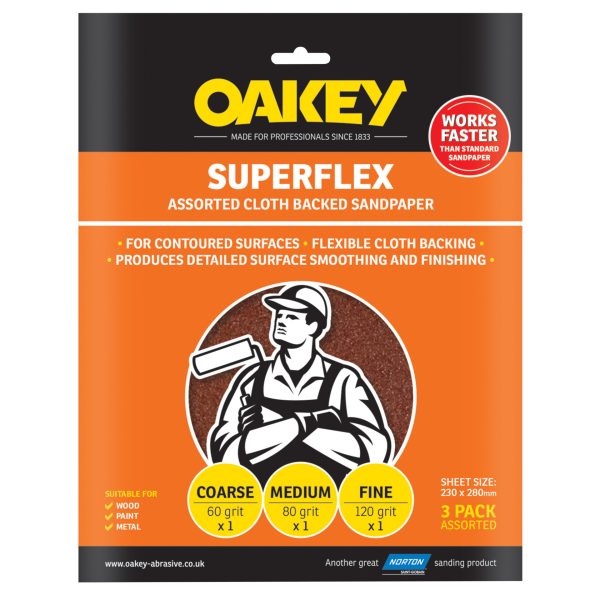 OAKEY Superflex Cloth Backed Aluminium Oxide Sheets 230 x 280mm Assorted (3)