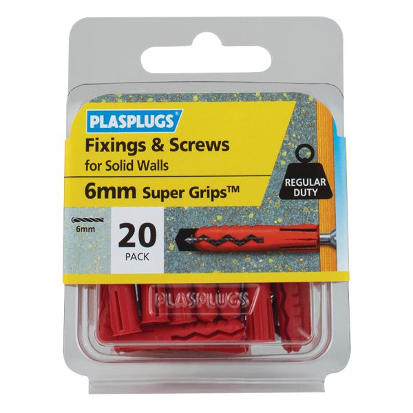 PLASPLUGS Solid Wall Super Grips™ Fixings Red & Screws Pack of 20