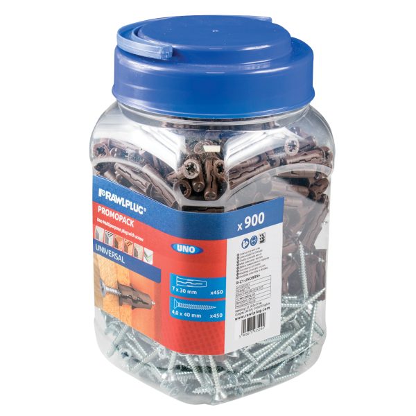 RAWLPLUG Brown UNO® Plugs & Screws in Jar (450 Plugs + 450 Screws)