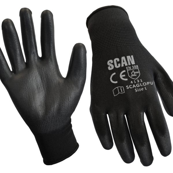 SCAN Black PU Coated Gloves - M (Size 8) (12 Pairs)