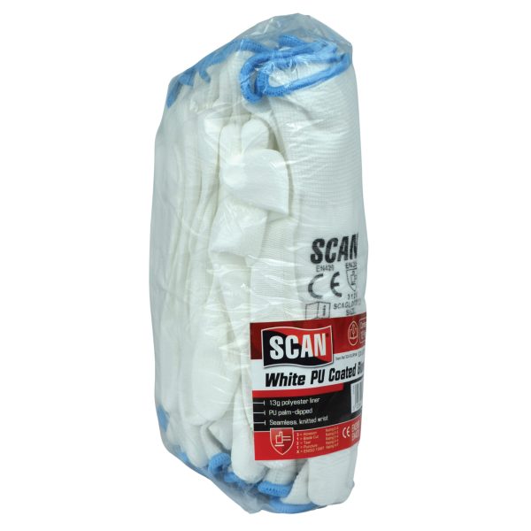 SCAN White PU Coated Gloves - L (Size 9) (Pack 12)