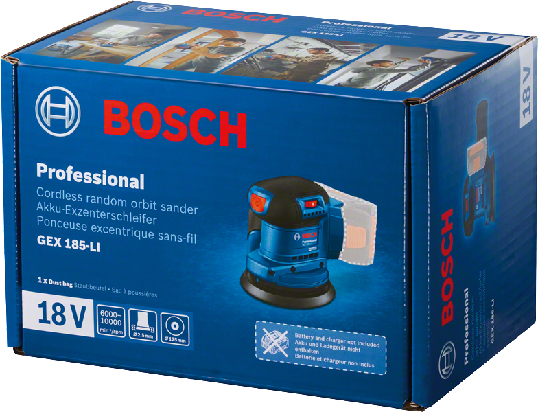 BOSCH 06013A5020 GEX185-LI 18V 125mm Random Orbit Sander (Bare tool, dust bag, Carton) - Image 5