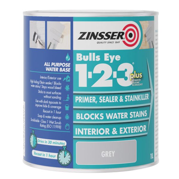 ZINSSER Bulls Eye® 1-2-3 Plus Primer, Sealer & Stain Killer Grey 1 litre